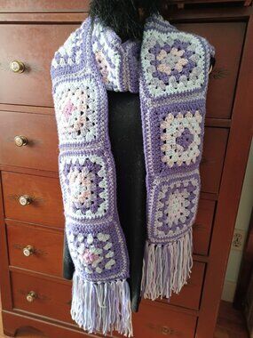 Handmade Crocheted Granny Square Winter/Fall Scarf - Lavender, Lilac and White